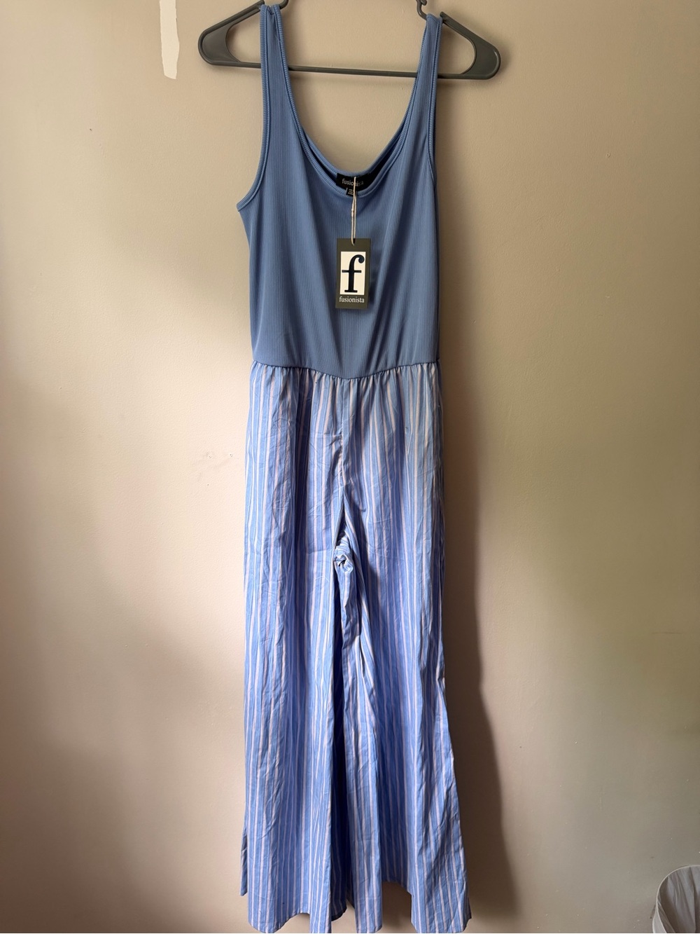 Women’s Light Blue Sleeveless One-Piece Romper with Striped Pants